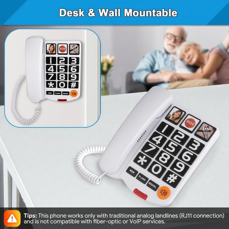 Sangyn Landline Phones for Seniors with Large Button Corded Telephone for Home with Amplified Loud Ringer Volume Adjustable One-Touch Dialing Big Button Telephones for Visually Hearing Impaired, White - Image 5